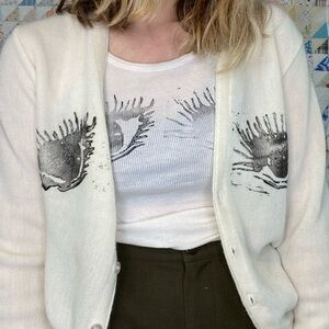 Eyes - block printed on white tank top Women’s XS